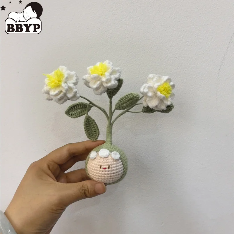 Crochet Artificial Plants Fake Flower Potted Hand Woven Gardenia Bonsai Handmade Woven Simulated Flower Kid Home Decorations