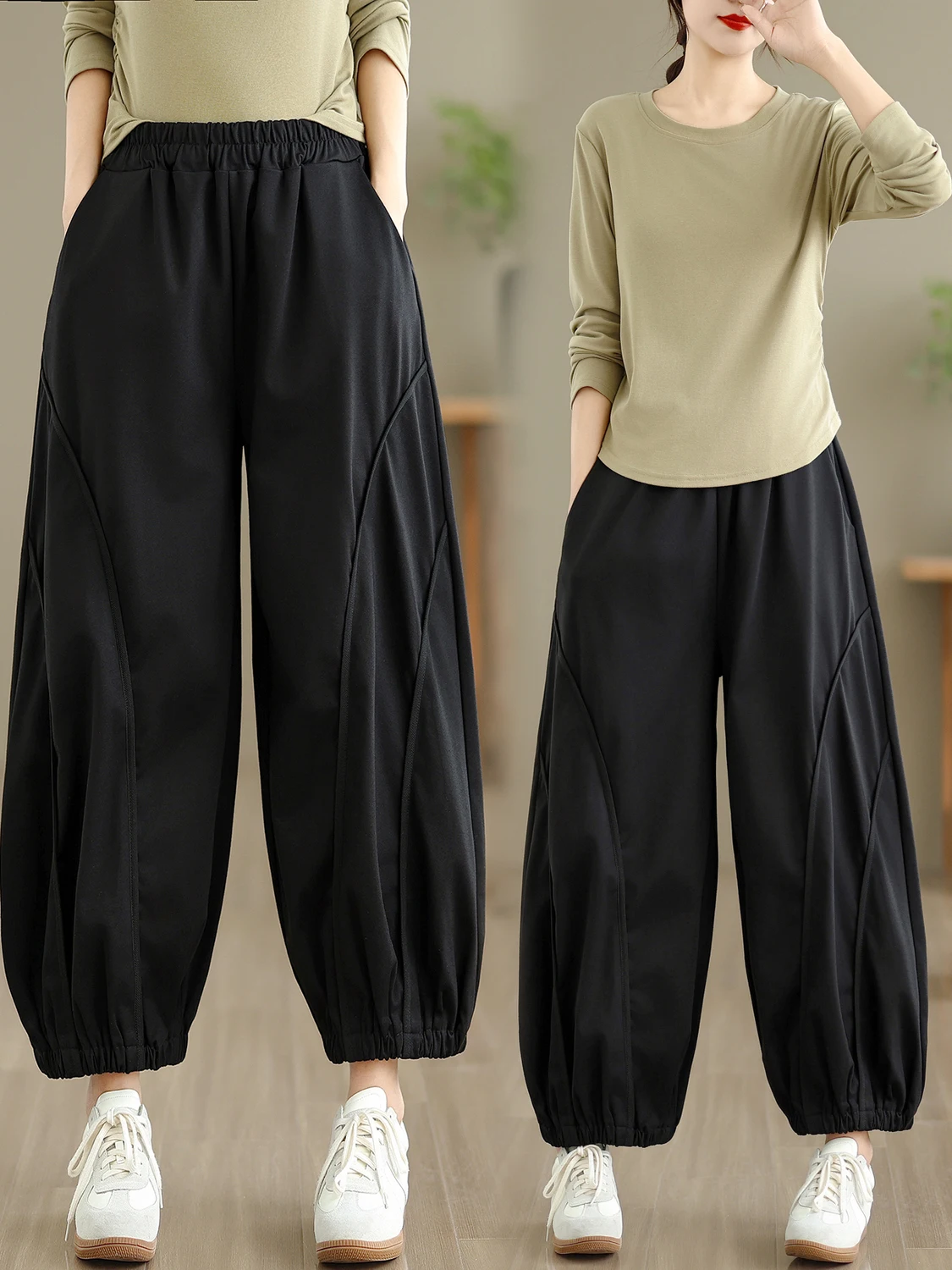 

Прямые брюки-фонарики с высокой талией, женские повседневные брюки больших размеров, свободный крой, полная длина