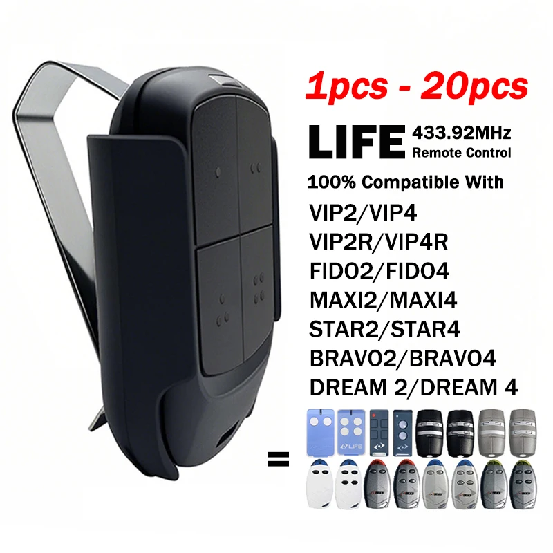 New Replacement LIFE 433.92MHz Garage Door Remote Control For LIFE DREAM FIDO BRAVO STAR 2 4 FIDO2 VIP2 VIP2R VIP4R MAXI2 MAXI4