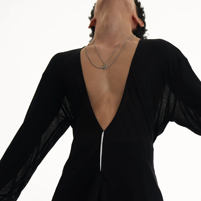 남성 현대 무용 의류 남성 라틴 의상 섹시한 빅 v 넥 메쉬 셔츠 Chacha Rumba Tango Dress 라틴 댄스상의