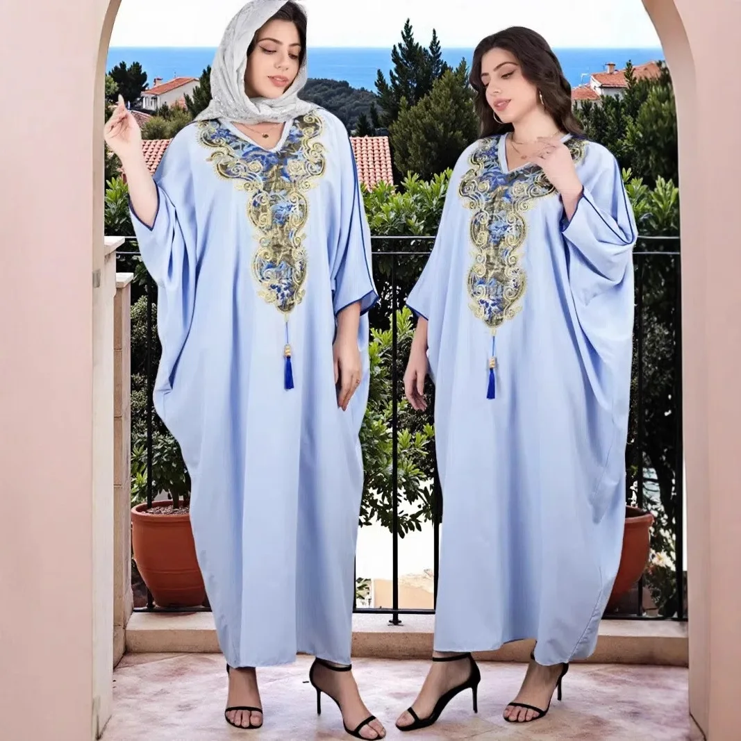 

Ближний Восток, мусульманская новая мода, женская вышитая повседневная модная элегантная свободная Абая с v-образным вырезом и длинным рукавом до щиколотки, женская