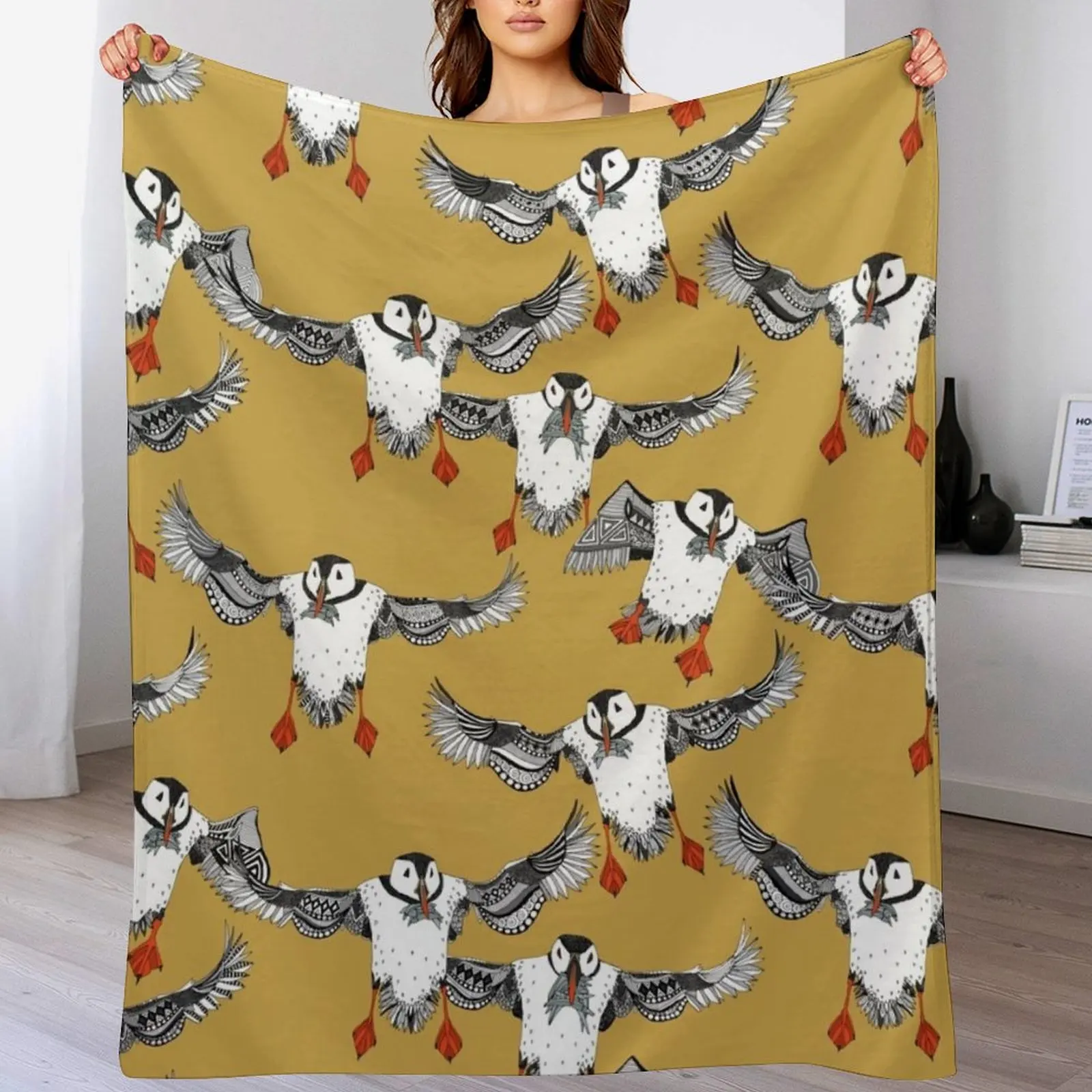 Atlantic Puffins gold Throw Blanket Multi-Purpose Flannel Fabric blankets ands Blankets