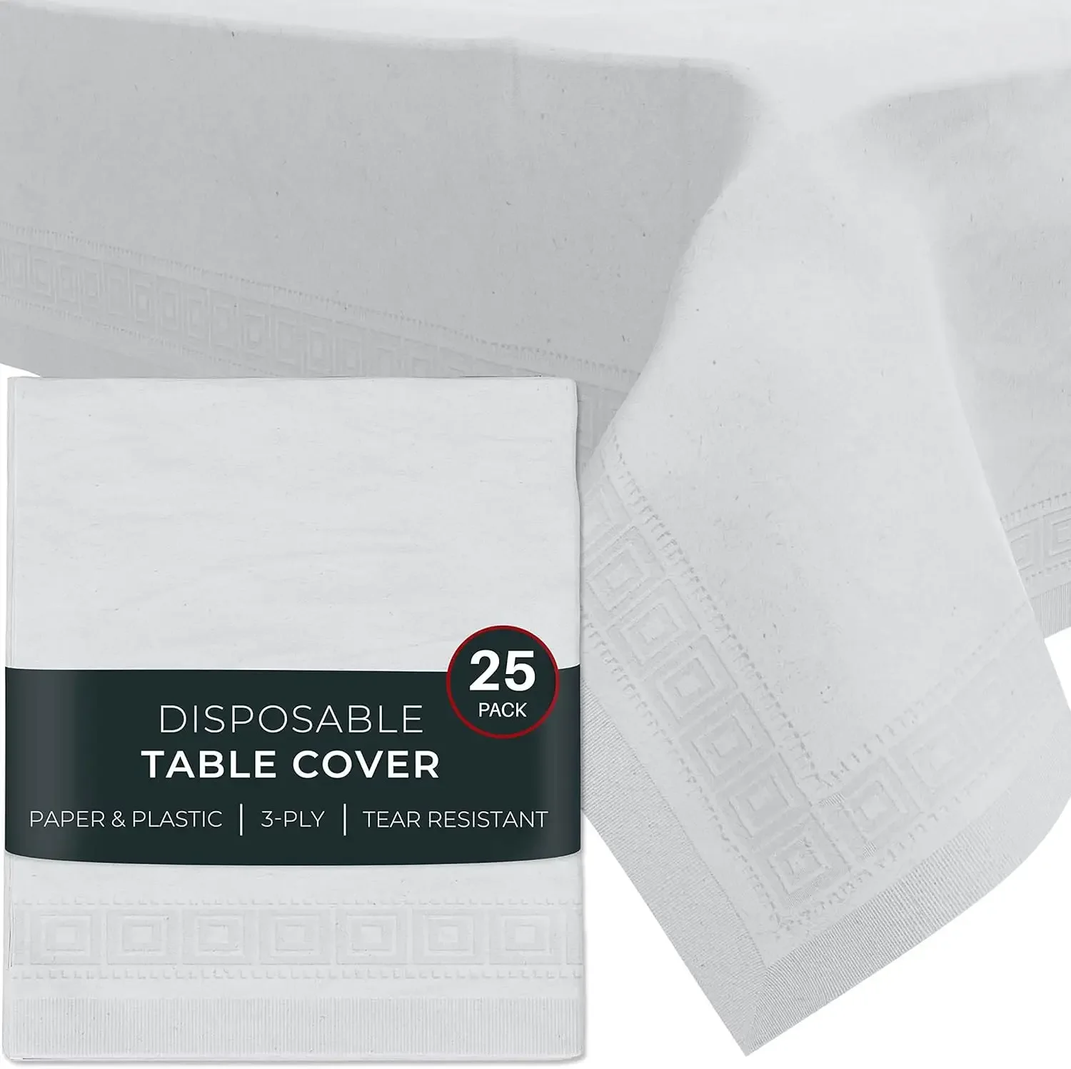Manteles de Papel Blanco para Mesas Rectangulares | Paquete de 25 Rollos de 54' x 108' | Manteles de Papel y Plástico de 3 Capas Premium para Fiestas Desechables