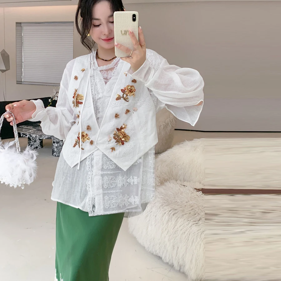 

Handmade Lace irt Chinese Sle Pure Linen Vest Jaet Rich Flower Pattern Women's Faion Outerwear Daily Wear Unique Design