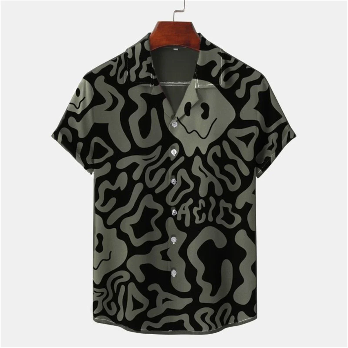 Camisa de manga corta con estampado de letras retorcidas para hombre, Tops cómodos informales de playa hawaiana con solapa, camisa suelta de talla