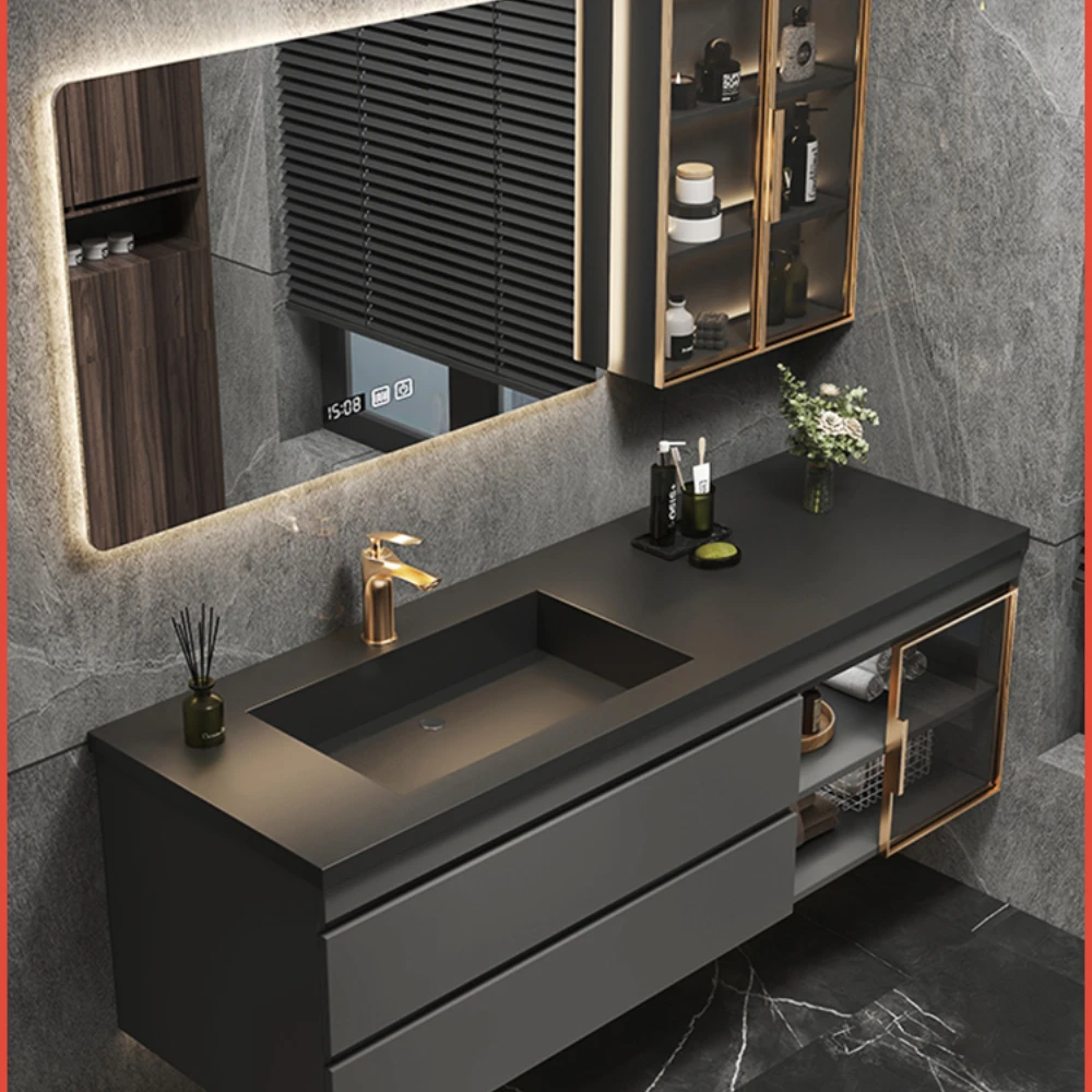 

Customized luxurious rock plate one-piece basin bathroom cabinet combination modern simple washstand solid wood washbasin