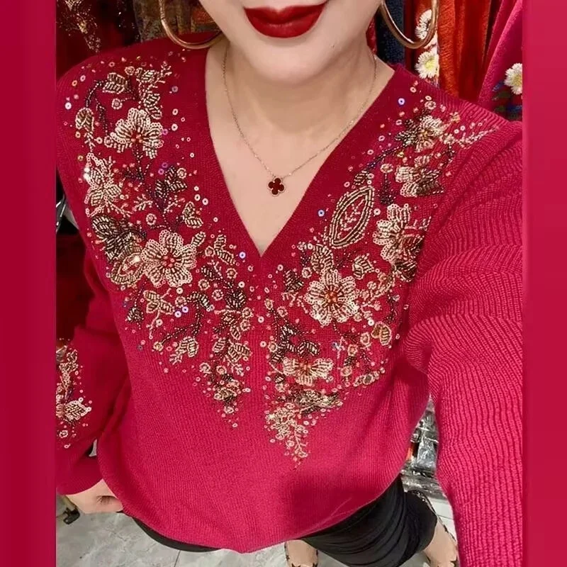 High Quality Women\'s Sweaters Spring Autumn New V-neck Long-sleeved Cardigans Middle Aged Mother Diamond Knitwear W2145