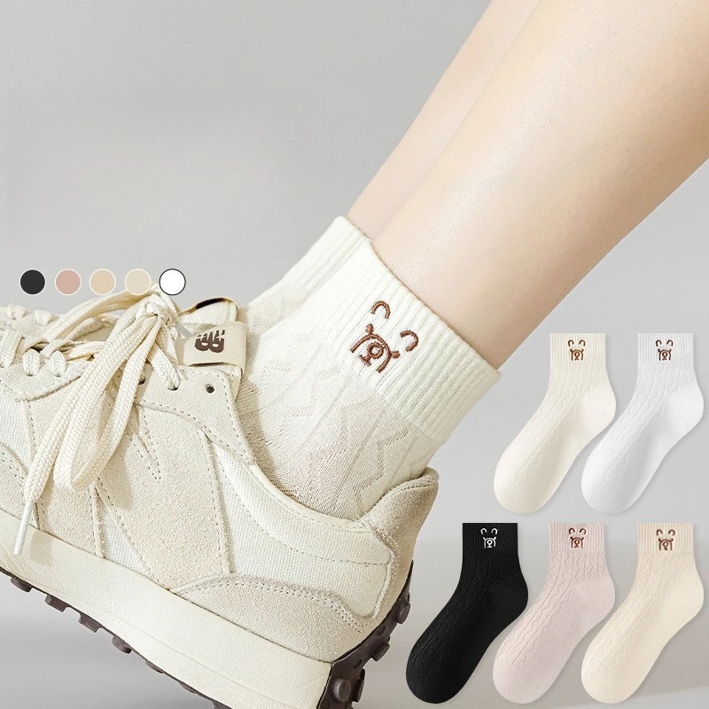 

5 Pairs Autumn Cute Female Cartoon Bear Loose Socks Spring Fall Solid-Color Women's Socks Set Simple Short Ankle Socks for Girls