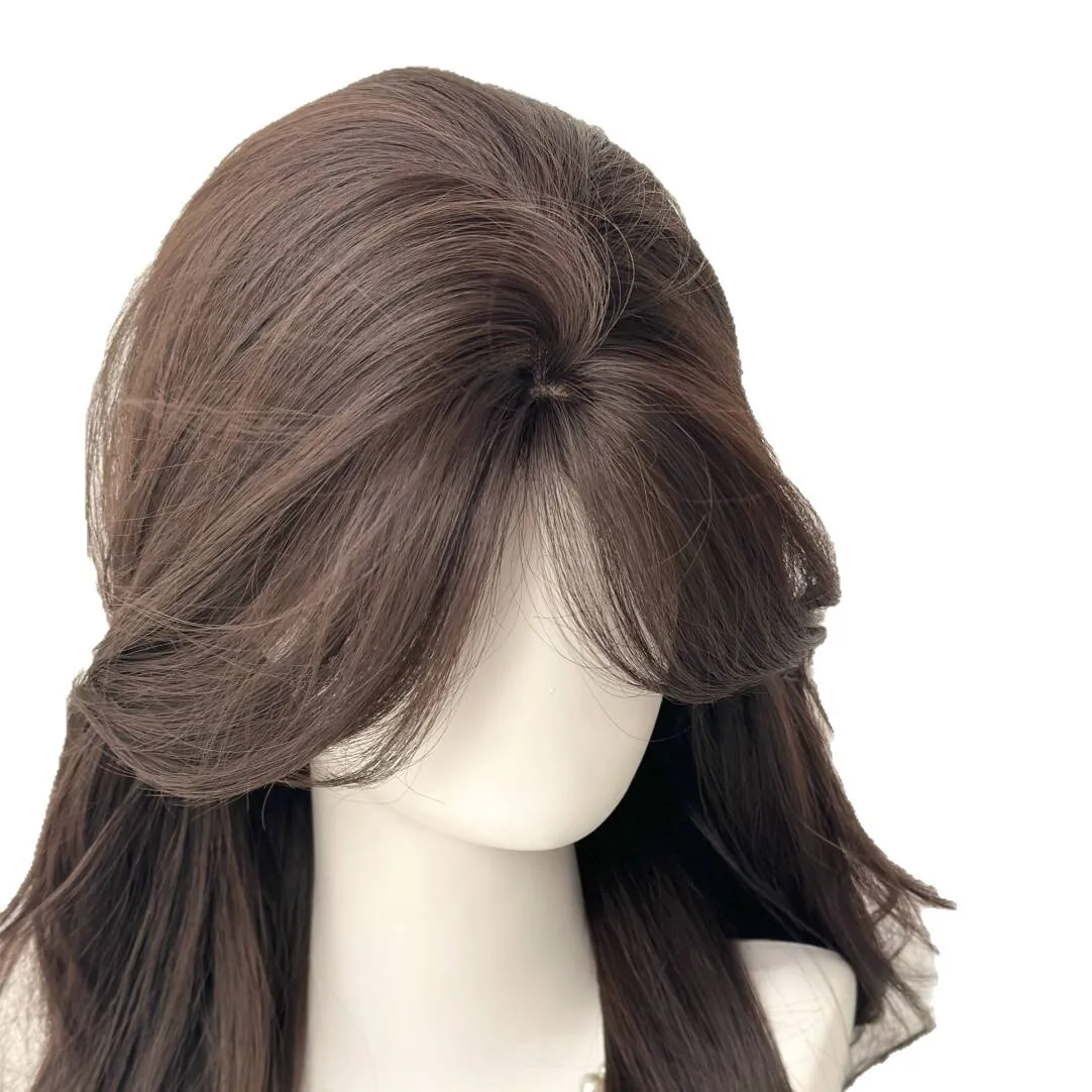 Parrucca femminile con frangia a otto caratteri, capelli lunghi ricci, forma del viso modificata per coprire i capelli bianchi, riedizione superiore, tipo di copricapo completo naturale