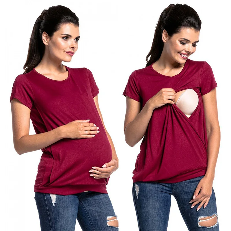 

Round neck short sleeved maternity wear fashionable breastfeeding T shirt
