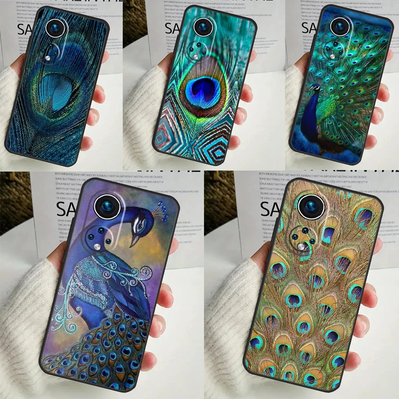 Funda de plumas de pavo real con pájaro para Honor, X8a, X9a, X6a, X7a, X6, X7, X8, X9, X9b, X8b, Honor 70, 50, 90 Lite, Magic 5, 6 Pro