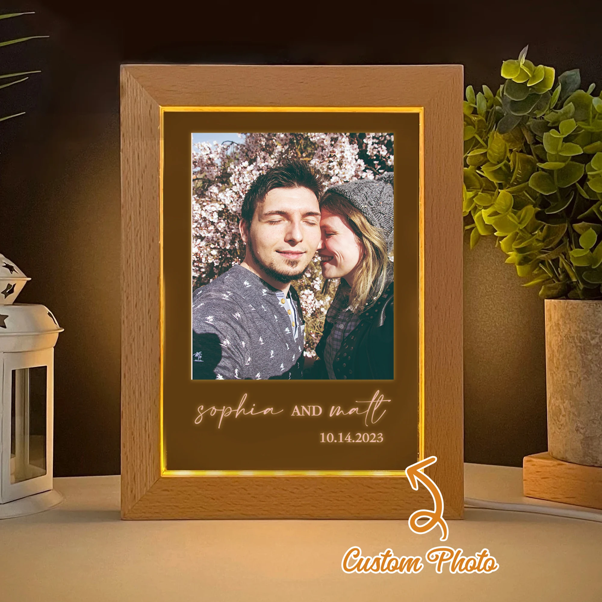 

2D Flat Custom Photo Couple Anniversary LED Acrylic Night Light Wood Photo Frame 21x17cm Bedroom Gift Home Decor