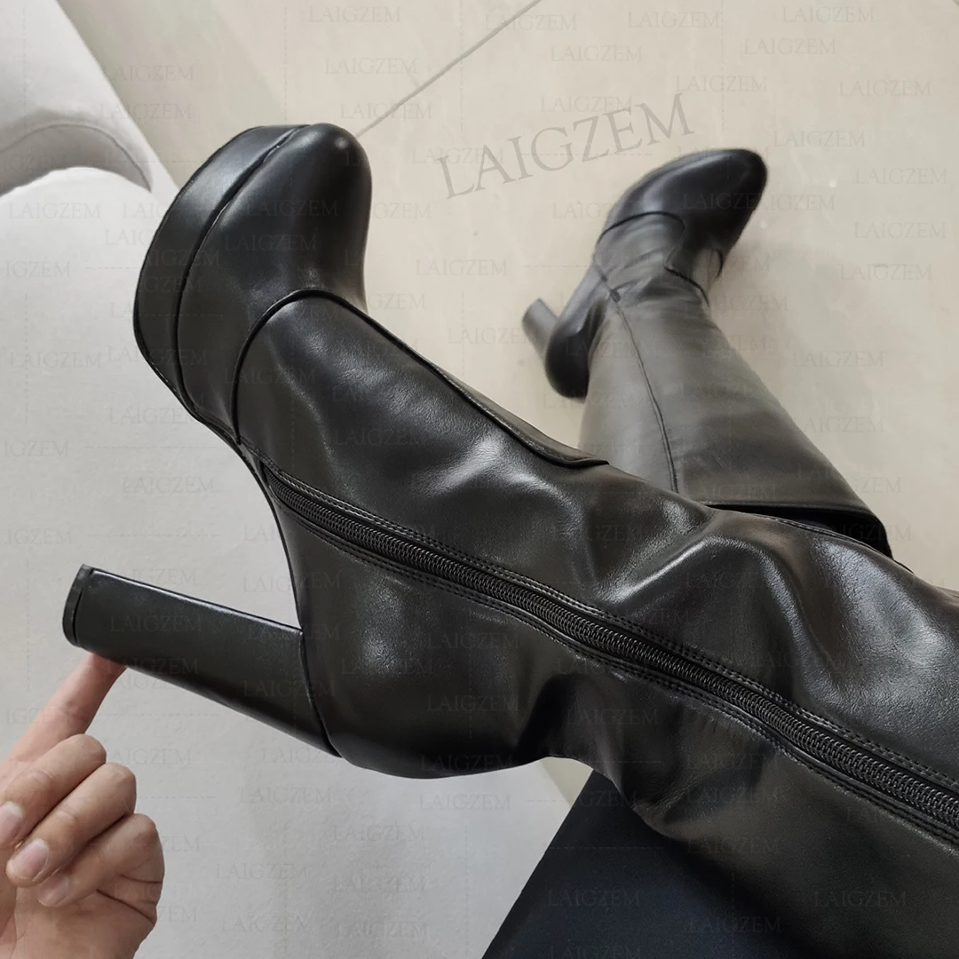 SEIIHEM Women Knee High Boots Platform Side Full Zip Up Thick High Heels Boots Faux Leather Unisex Shoes Woman Big Size 41 45 52