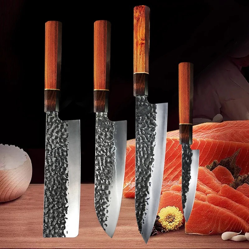 NONE Japanische Küchenmesser Gehämmertes Kochmesser 90Cr18MoV Edelstahl Santokumesser Fleischbeil Lachs Sushi Schneidemesser 7