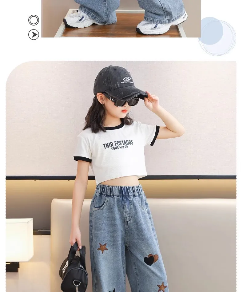 Frühling Herbst Neue Mädchen-Jeans mit Stickerei, Fünfzackiger Stern, Weite Hosen für 3-12 Jahre alte Teenager-Mädchen, Stylische Denim-Hosen mit weitem Bein – Detail 11