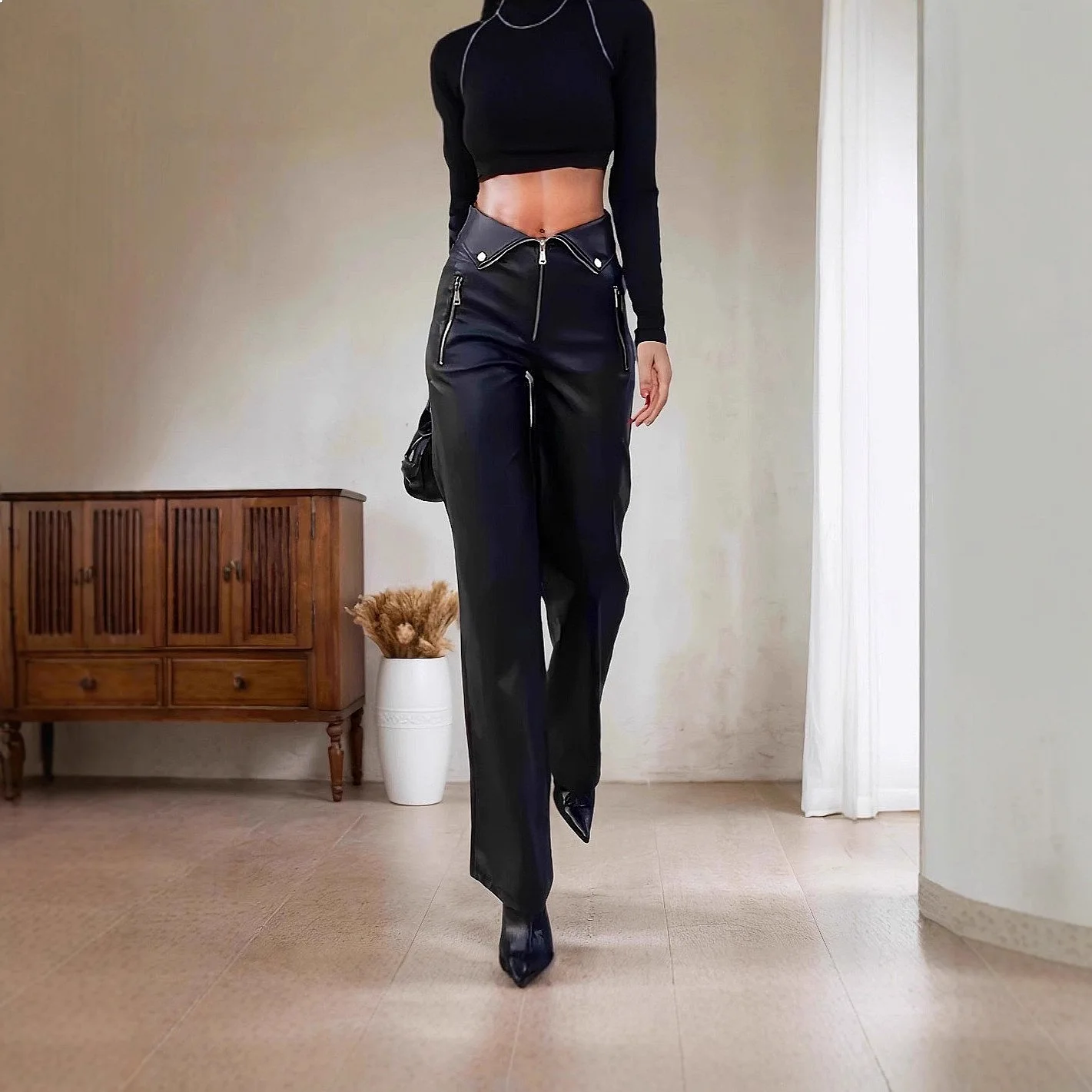 High Waist PU Leather Pants Straight Leg Metallic Zipper Club Trousers Spring Summer