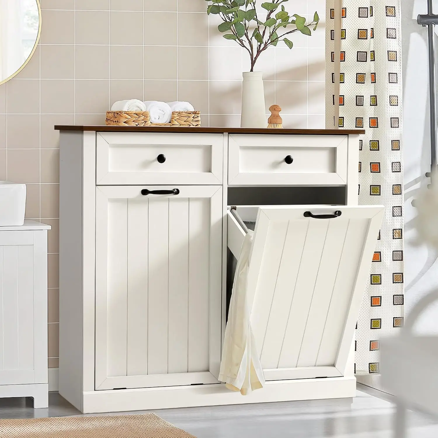 Double Laundry Hamper, Tilt Out Laundry Hamper Cabinet, 22 Gallon Hidden Trash Can, Wooden Garbage Can Cabinet, Customized