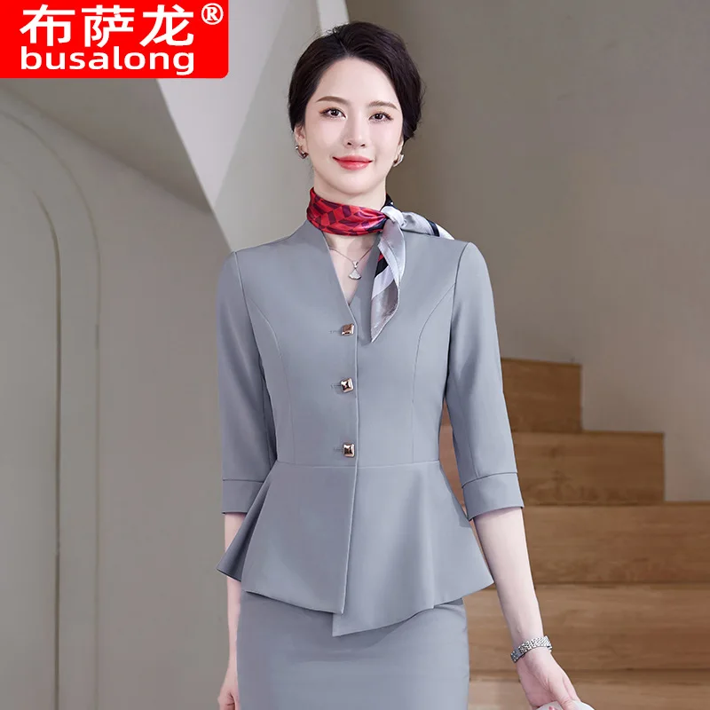 

Профессиональный наряд, элегантный костюм в стиле богини со средними рукавами, рабочая одежда для стойки регистрации отеля, отдел продаж, униформа для салона красоты