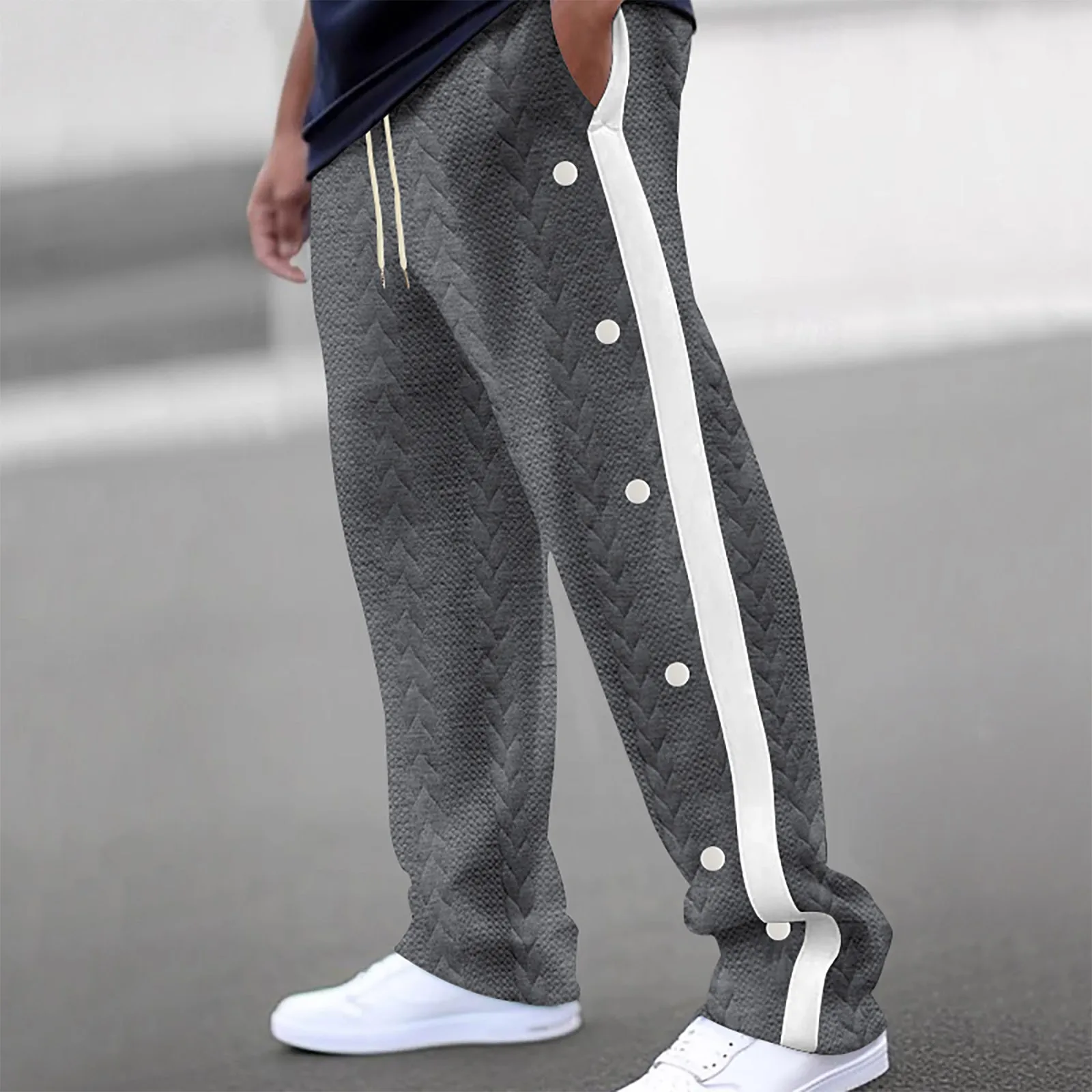 Men'S Knitted Jacquard Casual Long Pants Drop Color Matching Button Loose Wide Leg Pants Drawstring Lace-Up Fashion Casual Pants