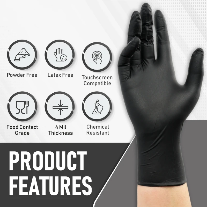 Black Nitrile Disposable Gloves 4Mil Powde Free Textured Cleaning Gloves Non Sterile Kitchen Cooking Gardening Industrial Gloves