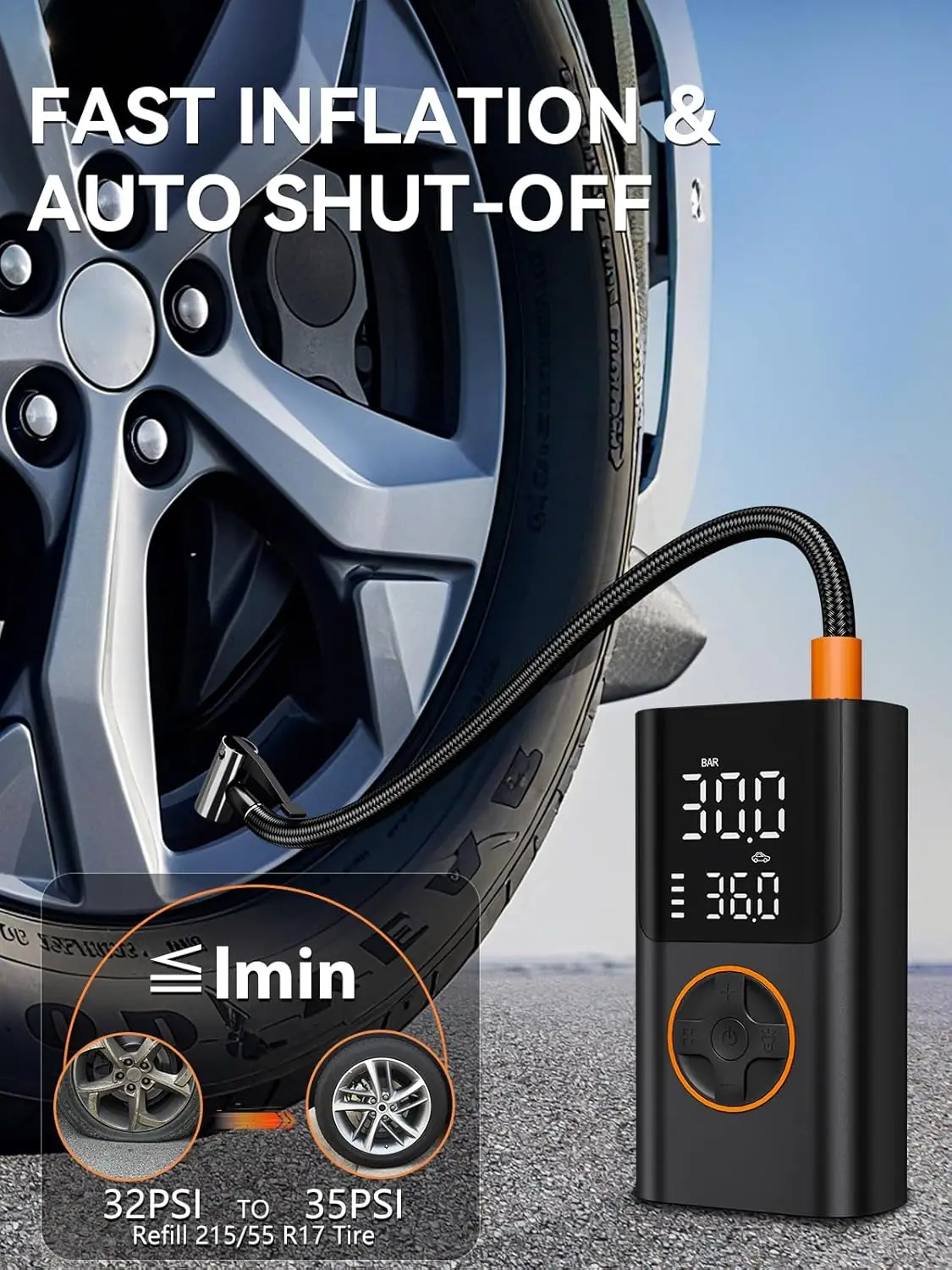 منفاخ إطارات محمول، ضاغط هواء 150 رطل لكل بوصة مربعة مع مقياس وشحن USB للسيارة والدراجة والدراجات النارية والسكوتر والكرة