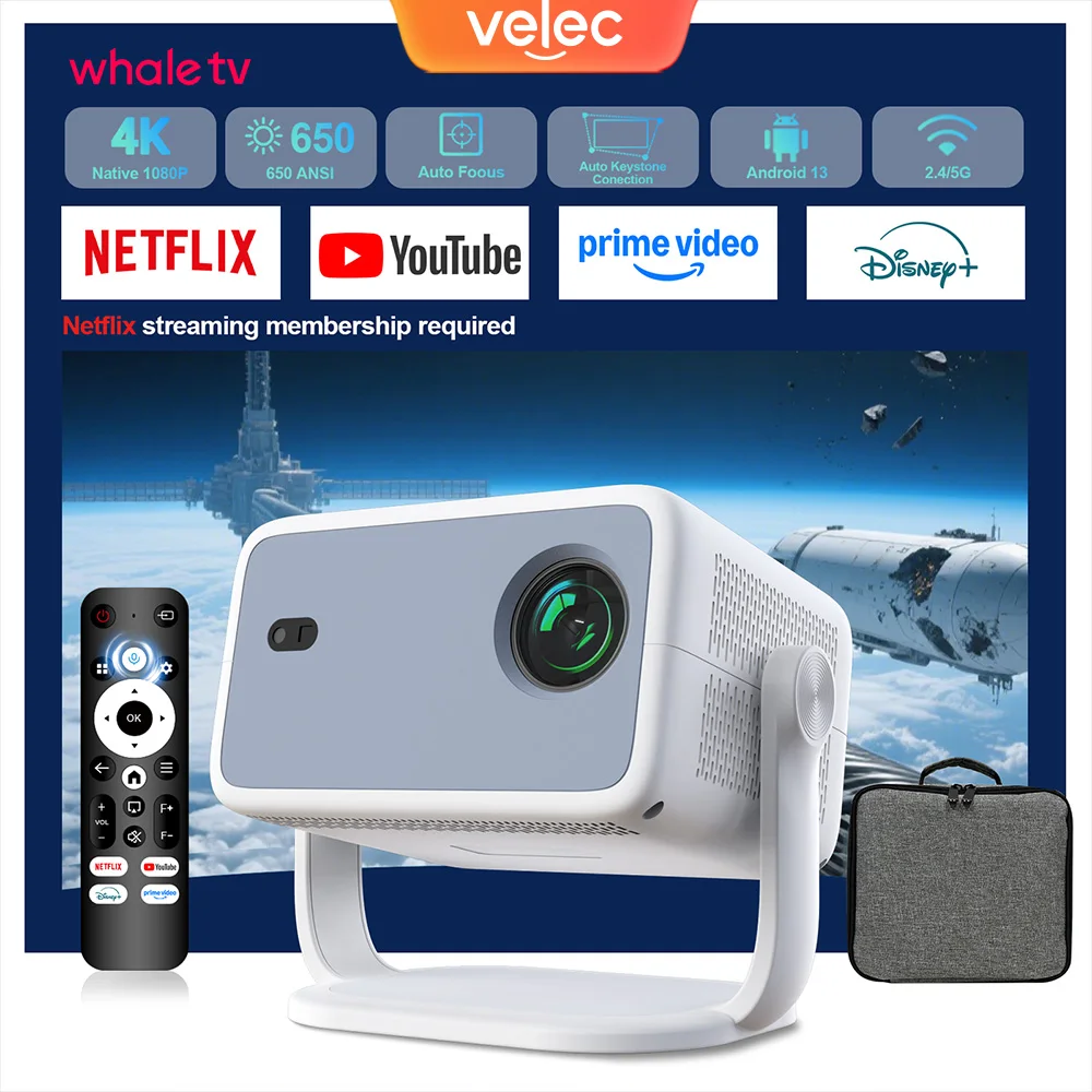 Velec Projector TP350NTV 650 ANSI 1080P 4K Auto Focus BT5.2 WIFI6 Android 13 Portable Outdoor Video Smart Home Theater Projector