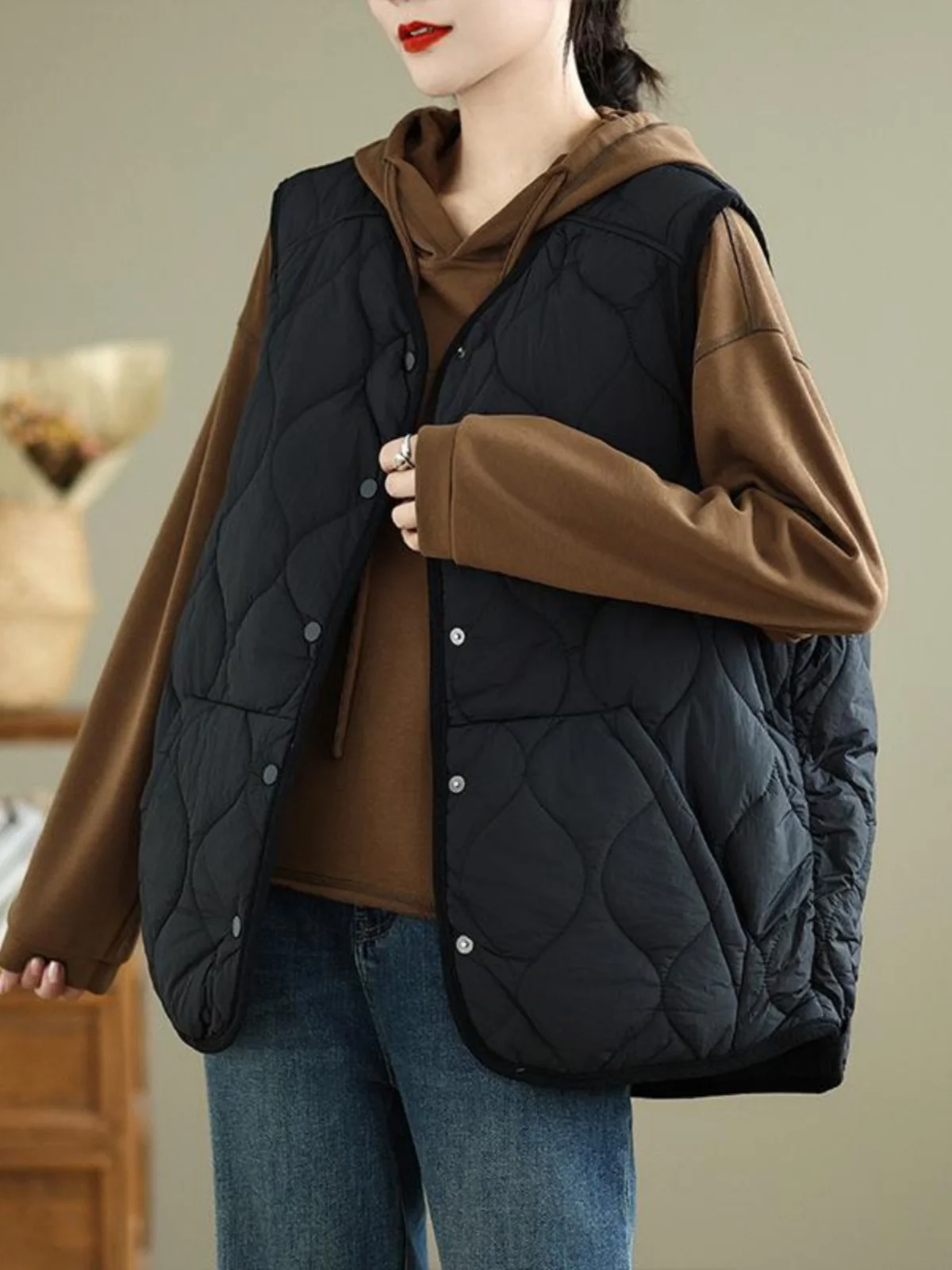 

Winter Casual Diamond Pattern Unlined Cotton Warm Vest Top Women's Sle Loose Fit Button Closure Long Coat