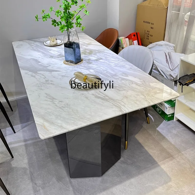 

Fish belly gold natural marble dining table designer rectangular dining table high-end household dining table
