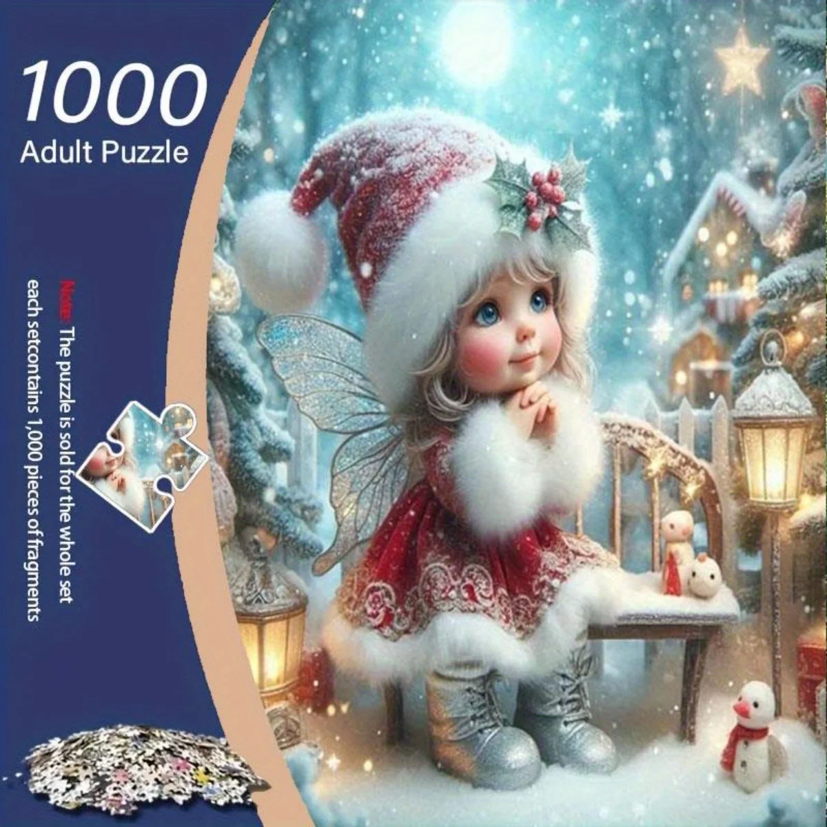 

Рождественская фея с серебряными крыльями и красной юбкой сидит на скамейке в снежном лесу. Фонари освещают снежный дом. Т