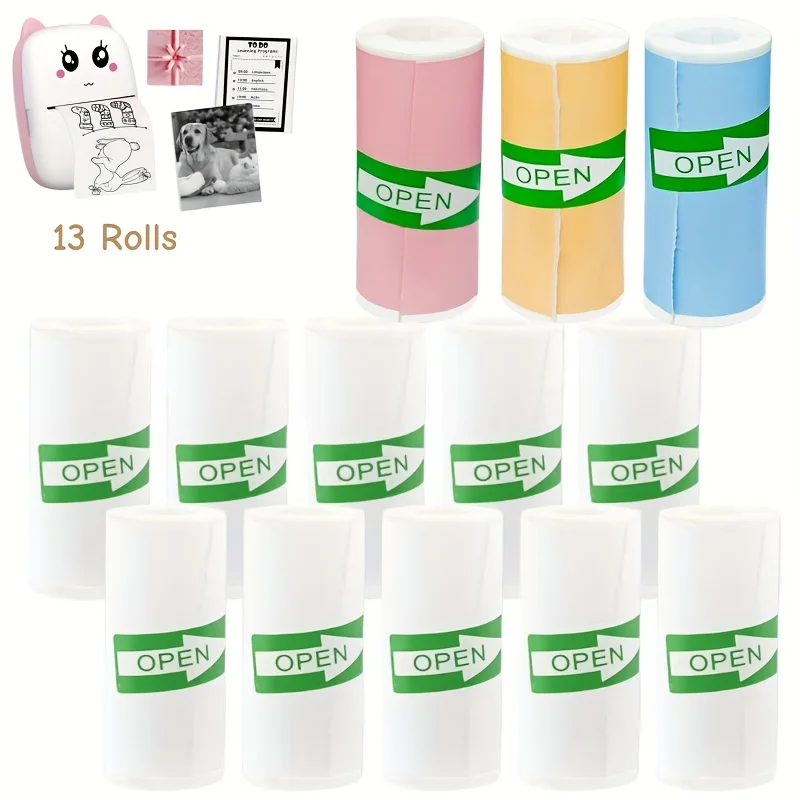 

13 рулонов термобумаги для мини-принтеров 57x25 мм (10 белых и 3 цветных), самоклеящаяся бумага без чернил для фотографий, заметок, дневников