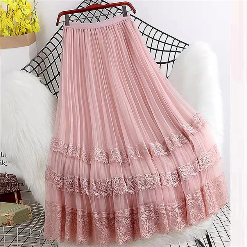 Gowyimmes 2025 Spring Summer Women Midi-Long Pleated Mesh Skirt Fashion Girl Elastic Waist A-line Cake Lace Skirts Fairy PD1766