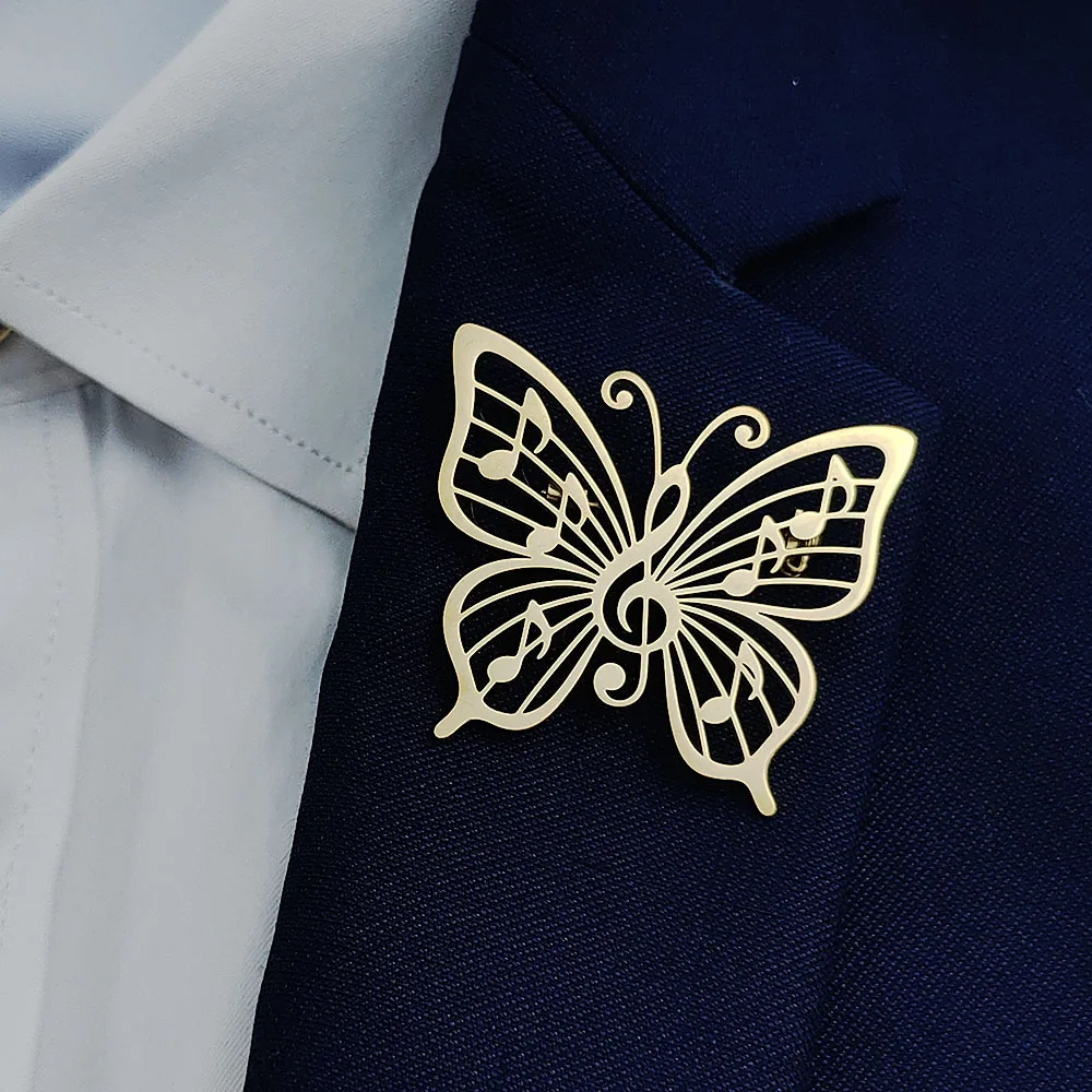 316L Stainless Steel Plated 18K Gold Music Note Butterfly Hollow Brooch Lapel Pin Music Lover Suit Backpack Women Jewelry Gift - view 6