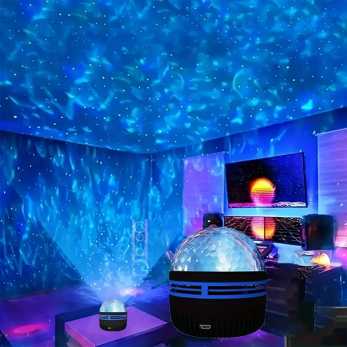7-Color Aurora Star Projector with Remote，Water Wave Rotating Night Light for Bedroom Kids Room Creative Mood Lighting Trendy