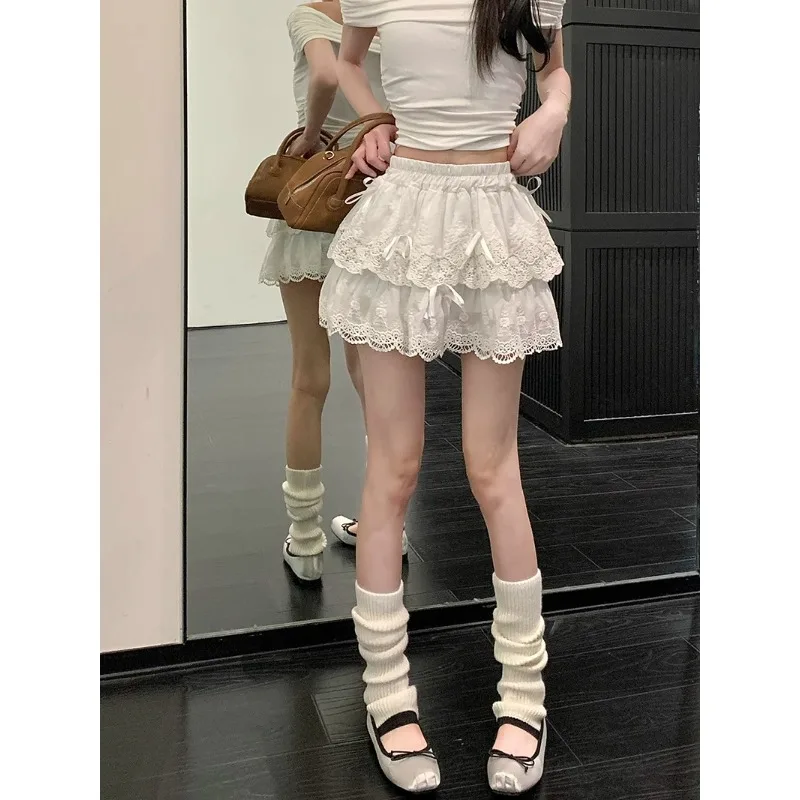 

Ballet Lace A-line Streetwear Skirt Women's Summer Layered Ruffle Hotsweet Bow Cake Skirt White Chic 2024 Kawaii Mini Skirts