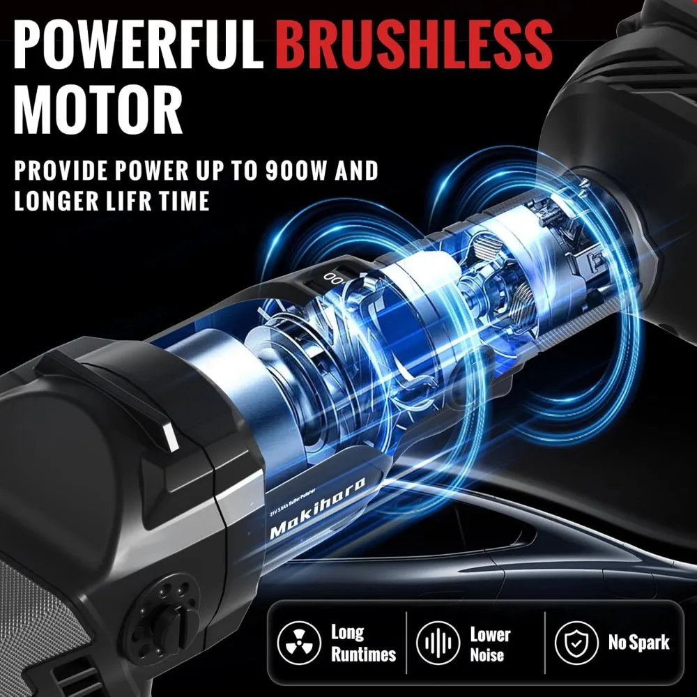 ملمع سيارة لاسلكي 5 بوصات، 6 سرعات 1000-5200 دورة في الدقيقة، بطارية 21 فولت مع 28 مرفقًا للتفصيل والصنفرة #3