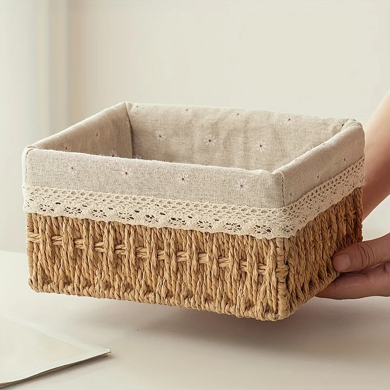 1pc Handmade Rattan Storage Basket, Desktop Rattan Storage Basket With Removable Lace Lining, Suitable For Cosmetic Storage