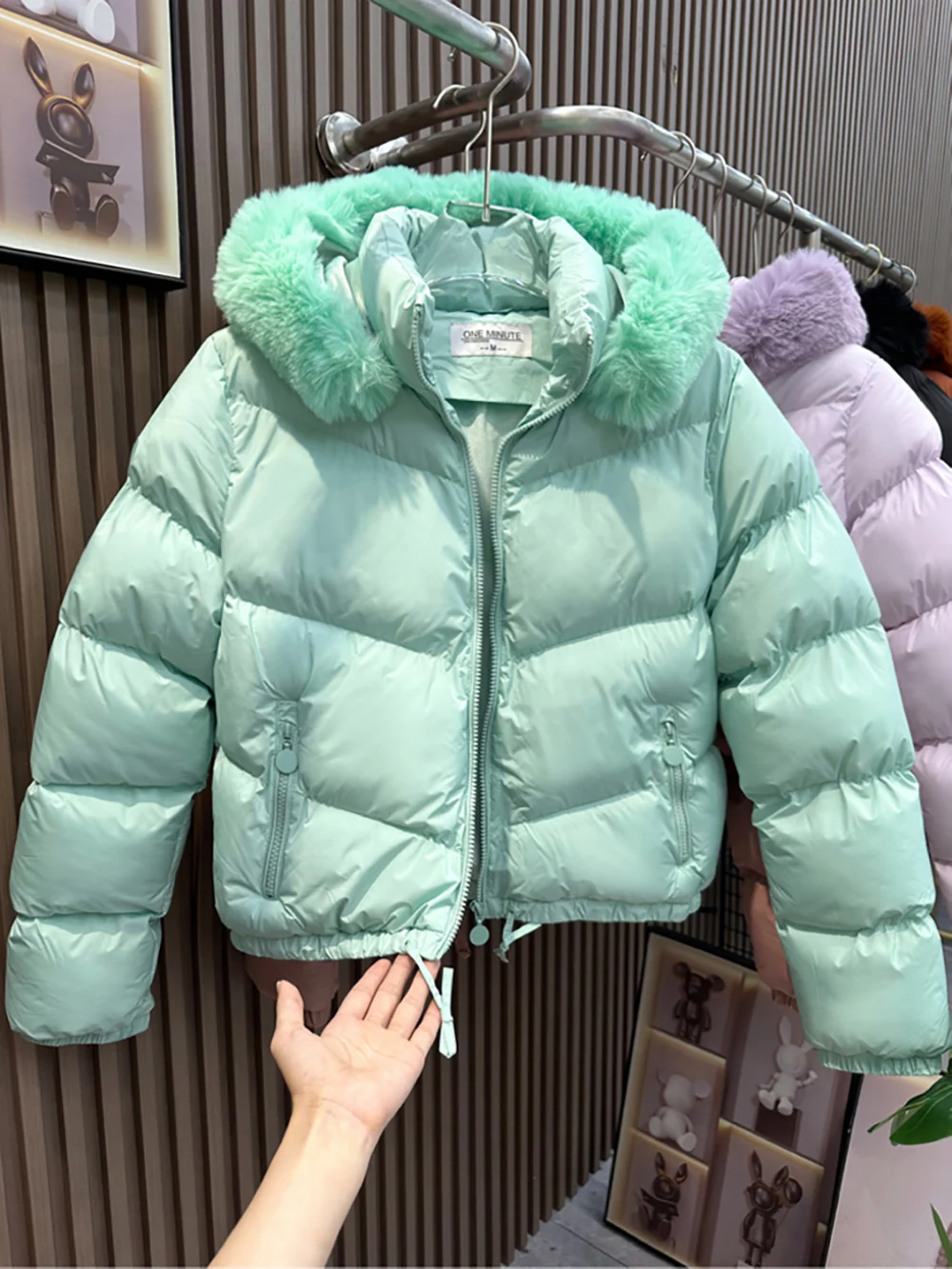 Women\'s Cotton Padded Coats Autumn Winter Fashion Solid Color Fur Collar Hooded Quilted Jackets Thick Warm Short Outerwear