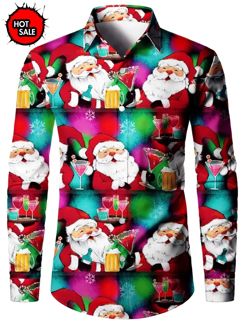 Hot Sale Hawaiian Shirts Christmas Tree Printed Mens Designer Shirt Fashion Long Sleeve Beach Lapel Bluoses New Long Shirt 2024