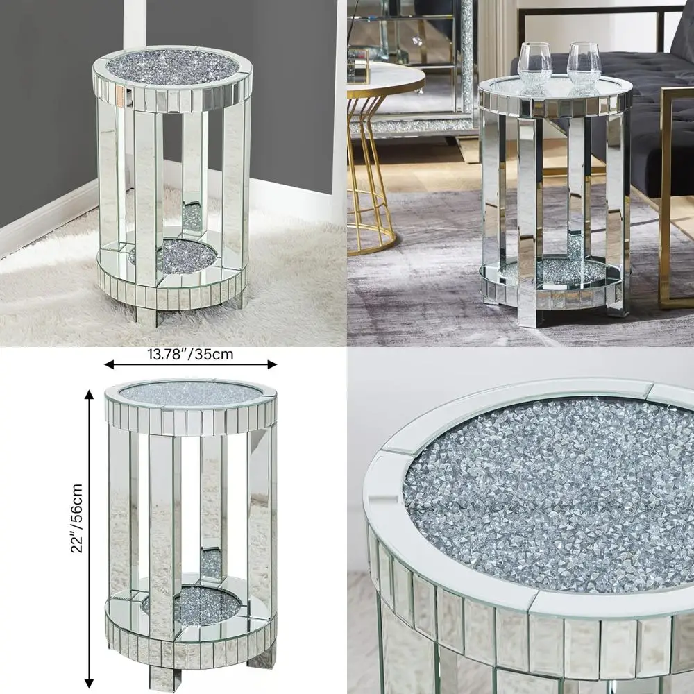 Modern 2-Tier Round End Table with Crystal Inlay, Silver Accent Storage Table for Living Room