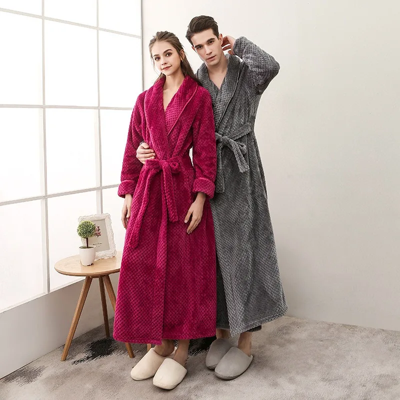 

Warm Winter Sleepwear for Men and Women Thickened Fleece Robe for Couples – Long White Waist Belted Bathrobe