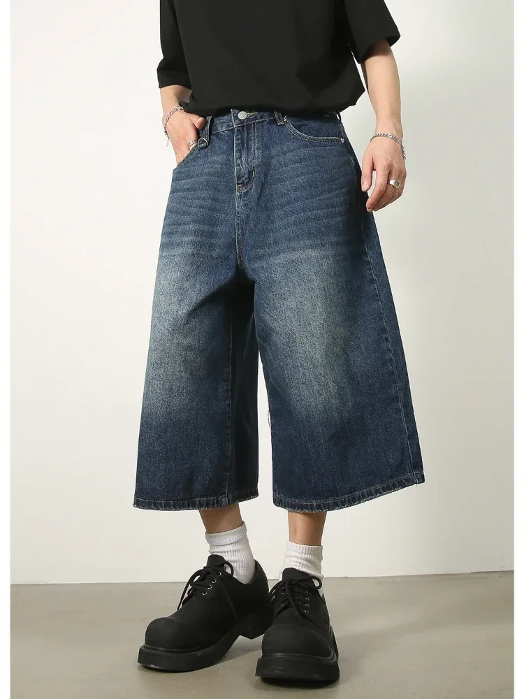 

Men Wide Leg Pants Calf Length Pant Denim Jeans Casual Loose Pocket High Waist Splice Regular Straight Trousers Autumn Winter