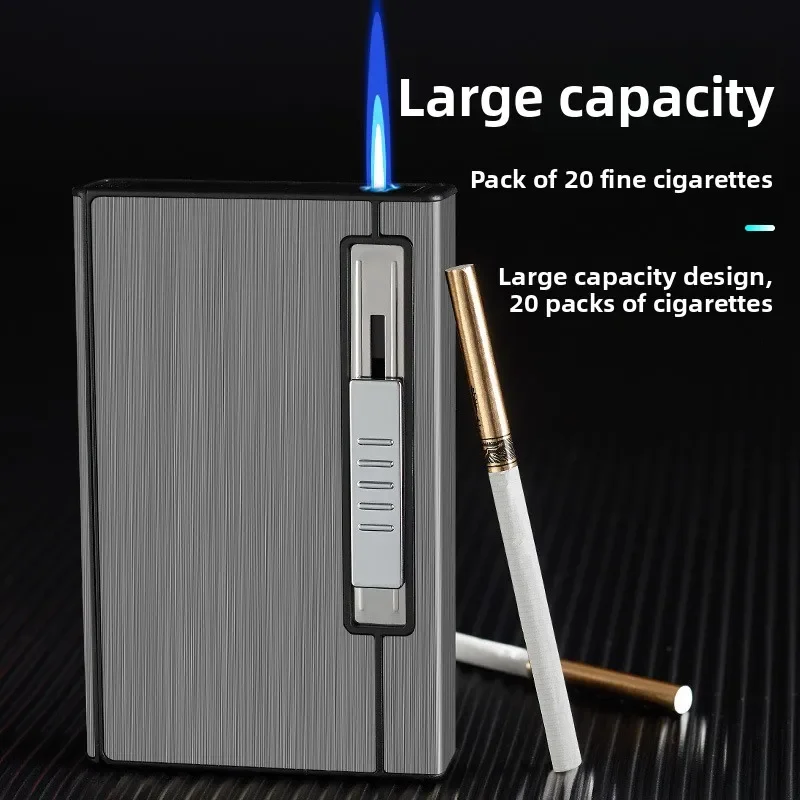 Metal Large Capacity 20 Fine Cigarettes Automatic Cigarette Box Anti-fall and Pressure-resistant Inflatable Wind-proof Lighter