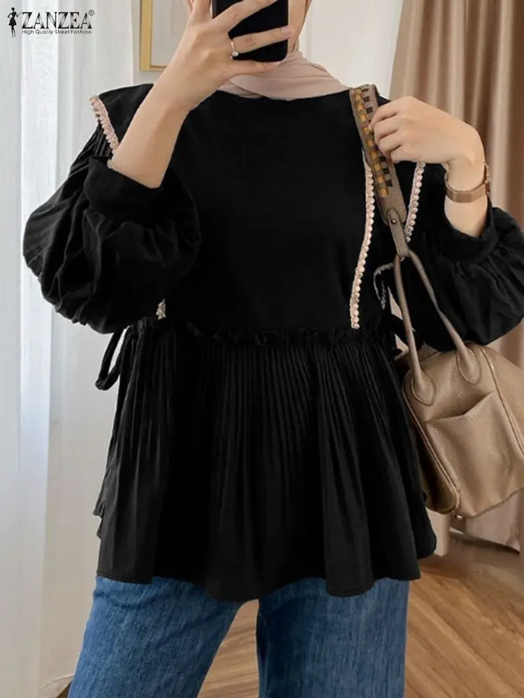 ZANZEA Donna Autunno Patchwork Camicetta 2025 Camicia moda musulmana Pullover a pieghe Mujer Femme Elegante manica lunga a lanterna Top