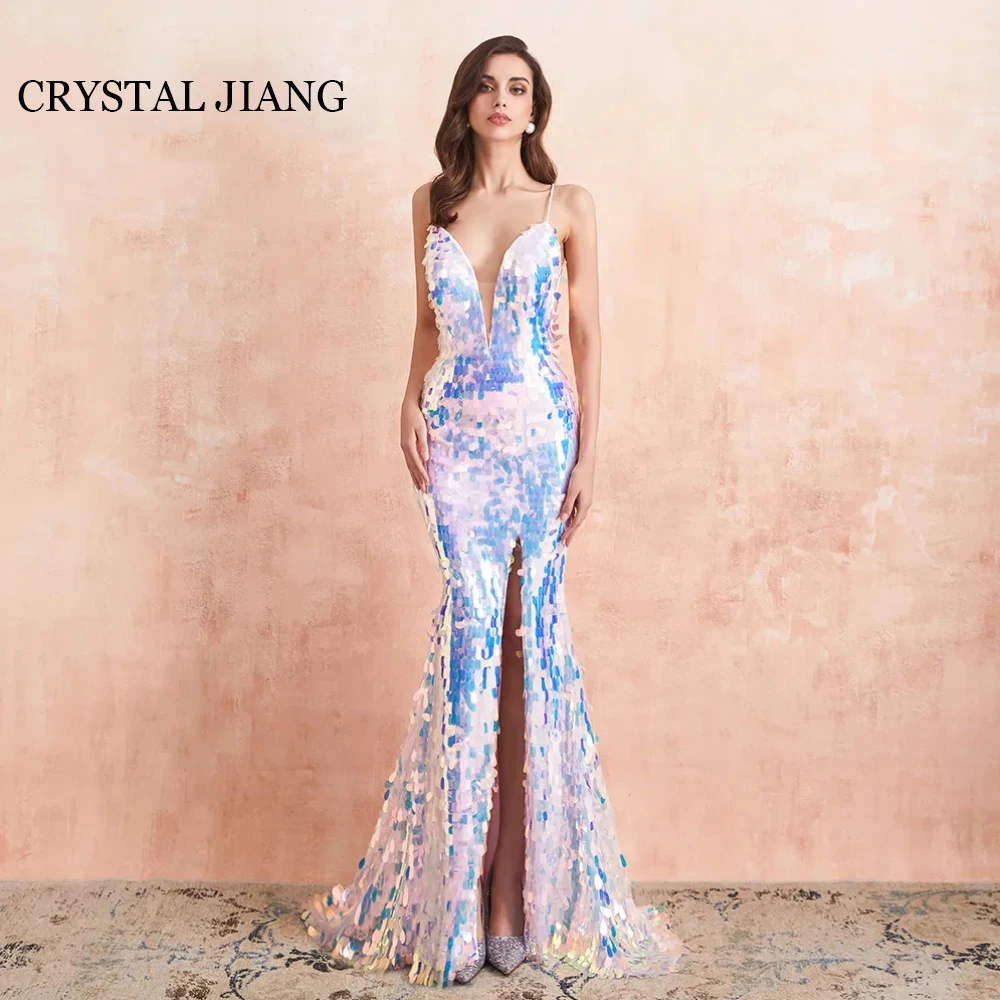 

Sexy Long V Neck Sequins Evening Dresses Criss Cross Back Sleeveless Mermaid Sweep Train Dress for Special Events