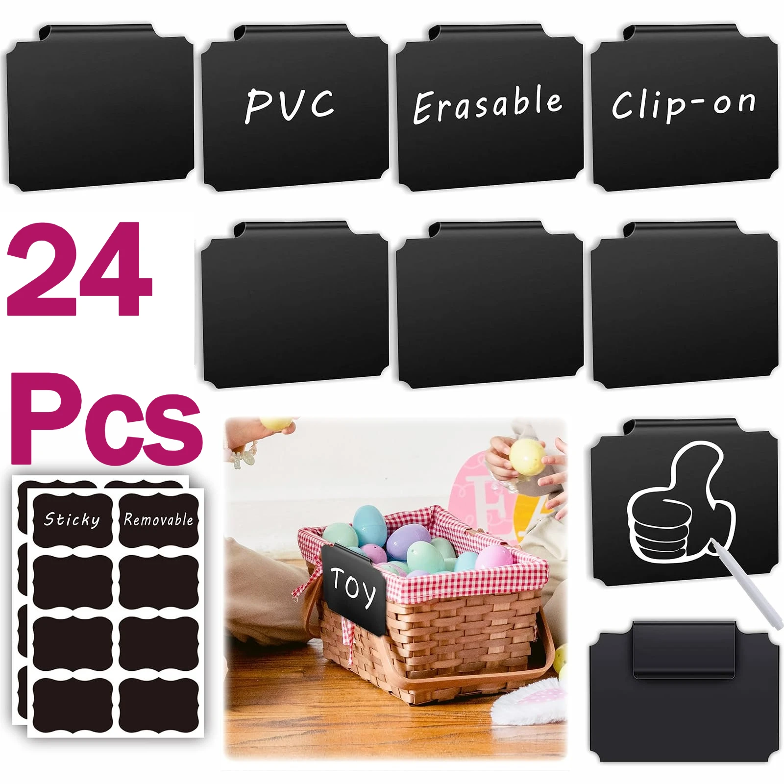 

24 Pcs Basket Label Folders Clip on For Storage Includes 2 White Chalk Marker, for Organization Container, Jar, Shelf, Laundry