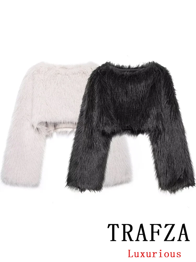 TRAFZA Casual Vintage Women Short Faux Fur O-Neck Long Sleeve Jacket Straight Loose Hoodies Fashion 2024 Autumn Winter Outwear