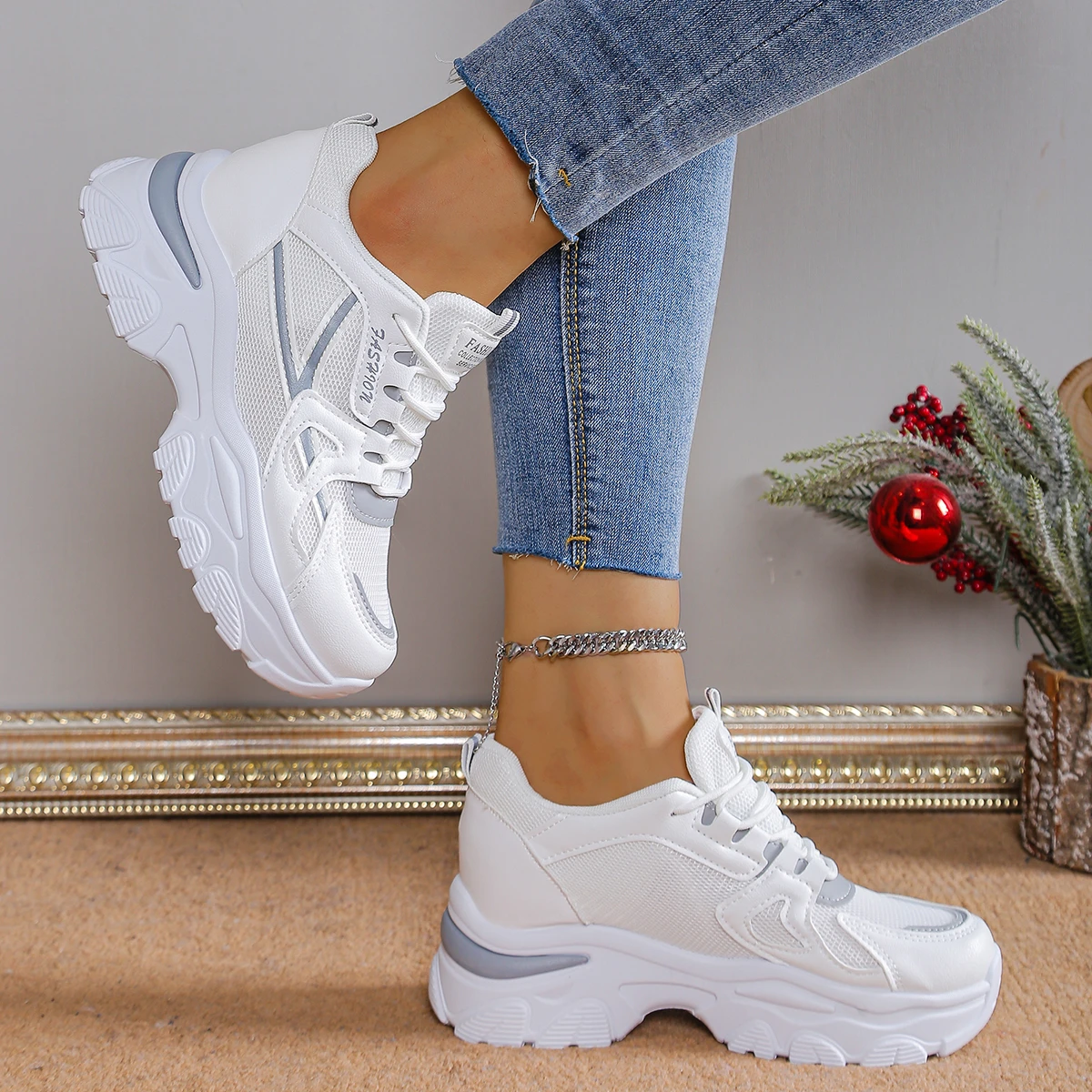 منصة أحذية رياضية للنساء بيضاء كاجوال شبكية قابلة للتنفس أحذية رياضية الارتفاع زيادة الدانتيل يصل ربيع الخريف التنس Feminino #4