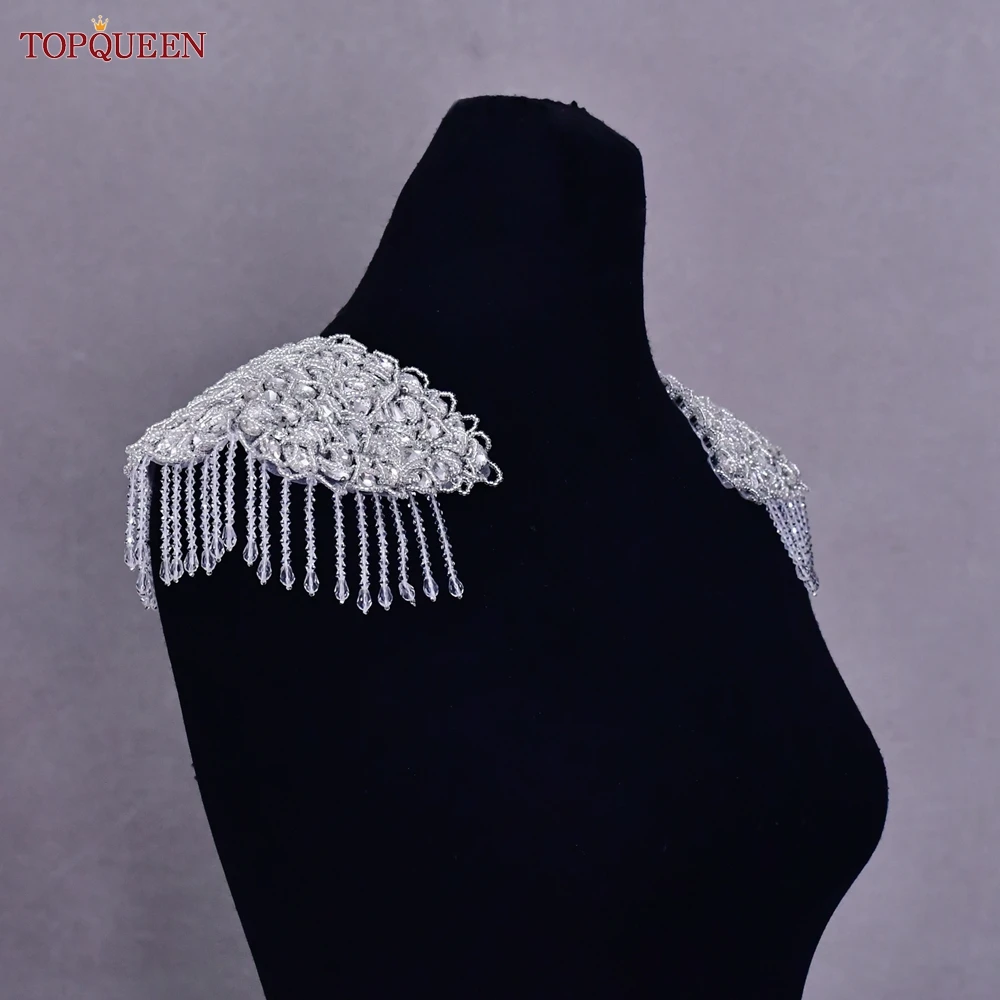 TOPQUEEN SP62 Bead and Rhinestone Patches Epaulettes with Chain Shoulder Knot Sew Jewelry Tassel Rhinestones Clothes Accessories