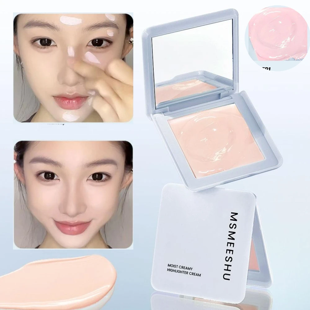 Creamy Pink Face Highlighter Blush With Powder Puff Natural Brightening Glow Concealer Cream Ruddy Complexion Highlighter Makeup