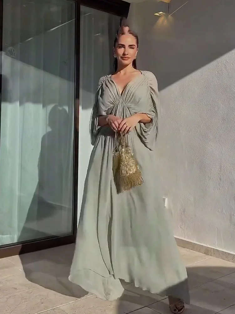 HH-vestido medio de manga corta con decoración plisada y cuello en V para mujer, vestido largo Sexy liso con espalda descubierta informal para mujer